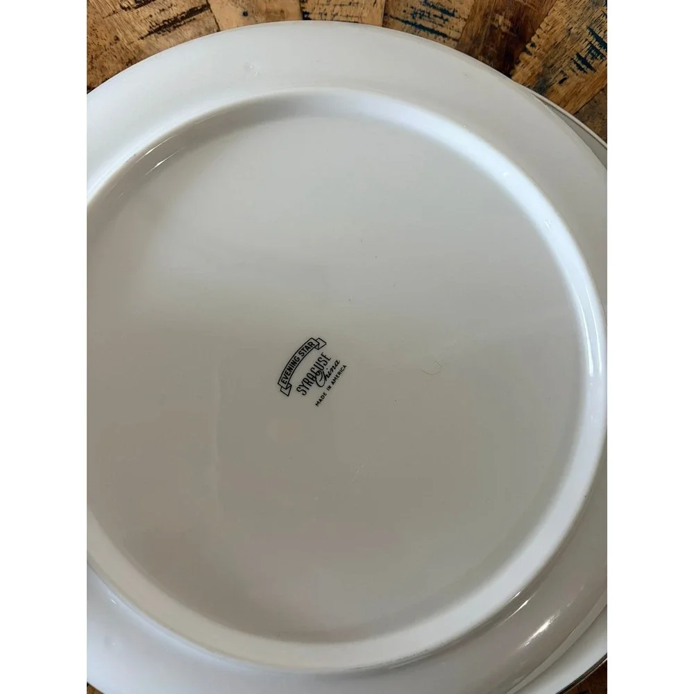 Syracuse‎ China Evening Star Dinner Plates Atomic Starburst MCM White Silver Rim